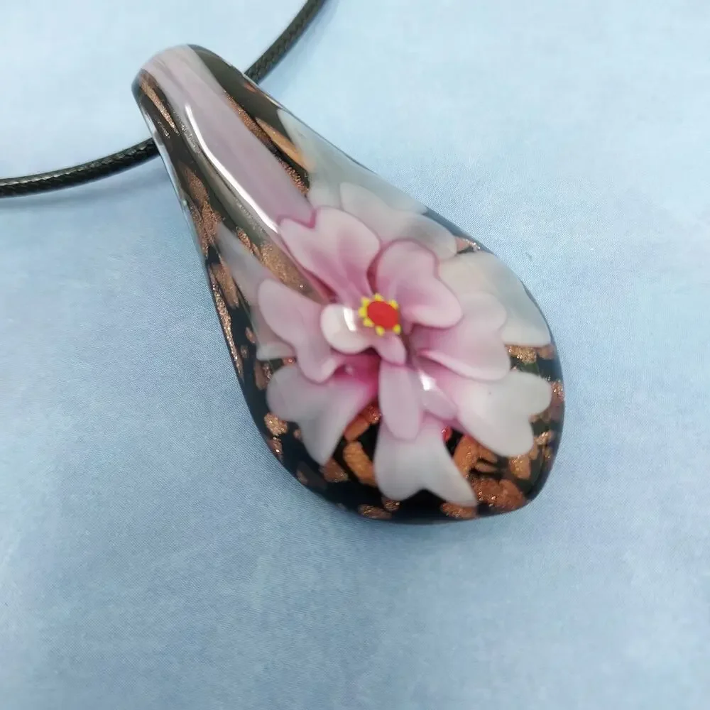 Murano Art Glass Pendant Necklace Pink Black Flower w/ 2 Cords Artisan